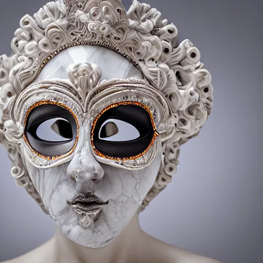 Image similar to highly detailed photography of a woman wearing venetian woman mask, sculpted in white opalescent marble, with lots of thin ornaments, disolving with a luminous background, curves and chaotic fractal art inlays, intricate, 8 k, white box, cinematic light, high aperture, background atmospheric effects