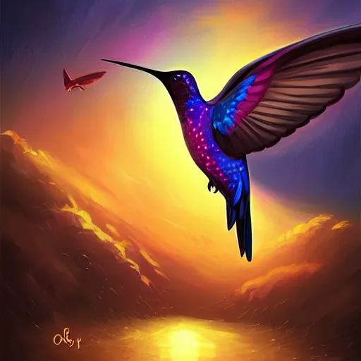 Image similar to a flying hummingbird, by anato finnstark, by alena aenami, by john harris, by ross tran, by wlop, by andreas rocha, digital painting