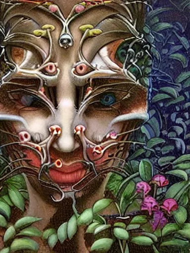 Image similar to The Hanging-Gardens of Pareidolia, ivy, verbena and pothos growing facial features and optical-illusions!!!!!, aesthetic, by Gerald Brom in the style of Johfra Bosschart in the style of,