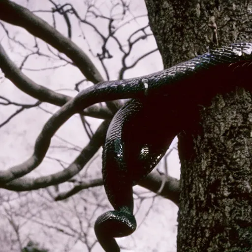 Image similar to cinematic still of demonic snake in a tree of mysterious looking fruit, horror film directed by wes craven