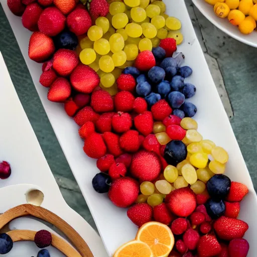 Image similar to beautiful photo of fruit pieces arranged to shape a rowing boat on a white plate, dslr