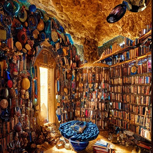 Prompt: epic view of an ancient dark byzantine giant cave interior, Venetian Murano blown glass bottle on a pile of crystals, books covered in jewels, ornate, surrounded by strange statues and treasure, full of sand and glitter, Byzantine, cinematic, jewels, by Grzegorz Rutkowski