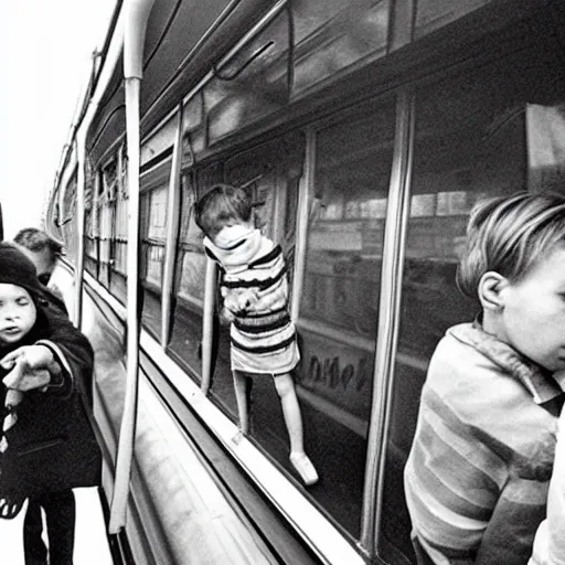 Image similar to “ kids riding on top of a new york city subway car, photograph by henri cartier - bresson ”