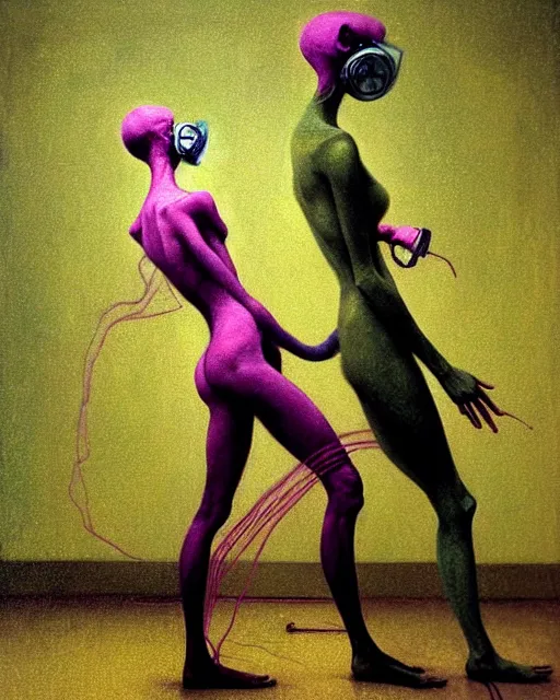 Prompt: Two skinny figures wearing gas masks draped in silky gold, pink and green, in an abandoned hospital room, outside a storm rages, soft light, impending doom, gentle, depth of field, extremely detailed, in the style of Francis Bacon, Esao Andrews, Zdzisław Beksiński, Edward Hopper, surrealism, art by Takato Yamamoto and James Jean