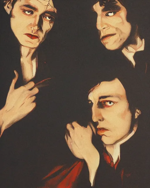 Prompt: two beautiful but sinister men wearing oxford shirts in layers of fear, with haunted eyes and dark hair, 1 9 7 0 s, seventies, wallpaper, a little blood, moonlight showing injuries, delicate embellishments, painterly, offset printing technique, by brom, robert henri, walter popp