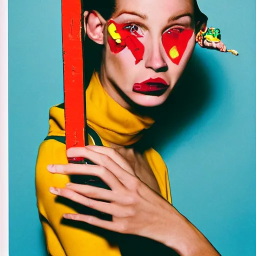 Image similar to a studio close - up portrait of a beautiful fashion model holding a brick to her ear. surreal photograph, lo - fi, polished look, silly and serious, hermes ad, fashion photography, toiletpaper magazine by pierpaolo ferrari and maurizio cattelan, 3 5 mm photograph, colourful, by pierpaolo ferrari, maurizio cattelan, david lachapelle