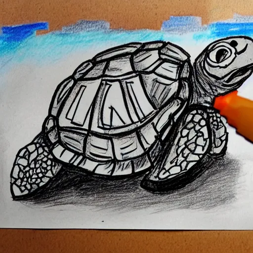 Image similar to a child's drawing of a turtle holding a receipt that says NFT! on it