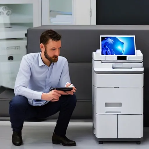 Image similar to a man staring at a printer, hyper realistic, very detailed.