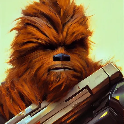 Image similar to greg manchess portrait painting of chewbacca as overwatch character, medium shot, asymmetrical, profile picture, organic painting, sunny day, matte painting, bold shapes, hard edges, street art, trending on artstation, by huang guangjian and gil elvgren and sachin teng