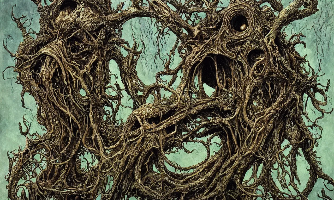 Image similar to hyperdetailed art nouveau portrait of treebeard as a cthulhu eyeball skull dragon monster, by micheal whelan, simon bisley and bill sienkiewicz, grim yet sparkling atmosphere, photorealism, claws, skeleton, antlers, fangs, forest, wild, crazy, horror, lynn varley, lovern kindzierski, steve oliff