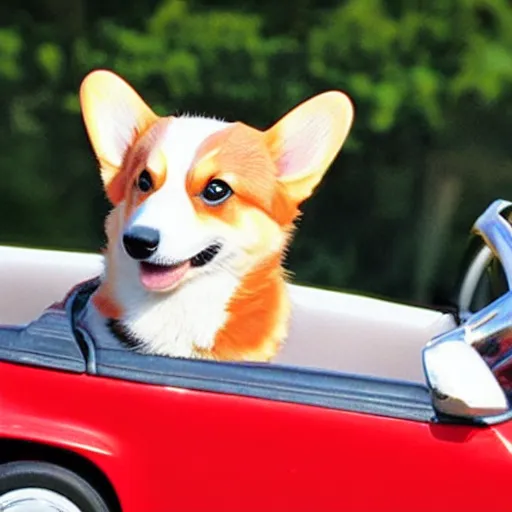 Image similar to corgi driving a red convertible wearing a sun visor, hyper realistic, cute, happy