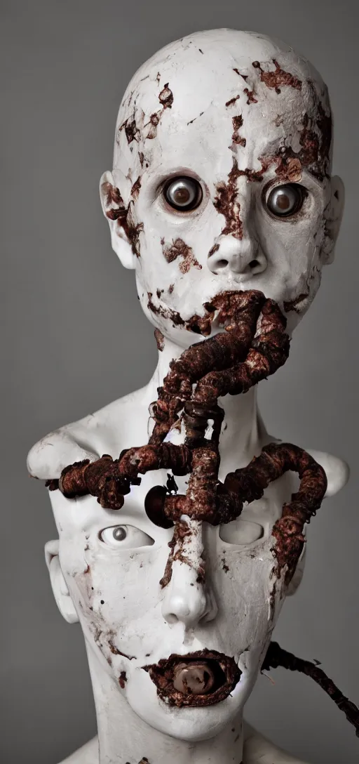 Prompt: creepy white mannequin with black tendrils and rusty pipes, body horror, face, human body, human face, scary, horror, dark, industrial,