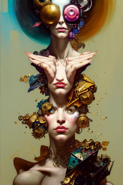 Prompt: portrait, patchwork doll, cyberpunk, elegant baroque, asymmetrical art, hyperrealism, colorful, vivid, imposing, epic, abstract texture, gold leaf texture, artstation, concept art, by peter mohrbacher and wlop and rhads and artgerm and magali villeneuve and alphonse mucha