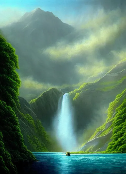 Image similar to a painting of a waterfall and a lake surrounded by mountains, a detailed matte painting by david a. hardy, featured on cgsociety, fantasy art, matte painting, 2 d game art, concept art
