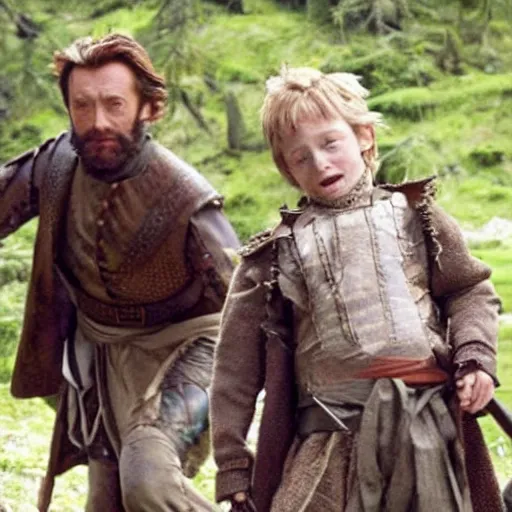 Image similar to movie still of hugh jackman as willhelm tell and macaulay culkin as his son. scene of tell shooting apple from the head of his son, in the style of peter jackson
