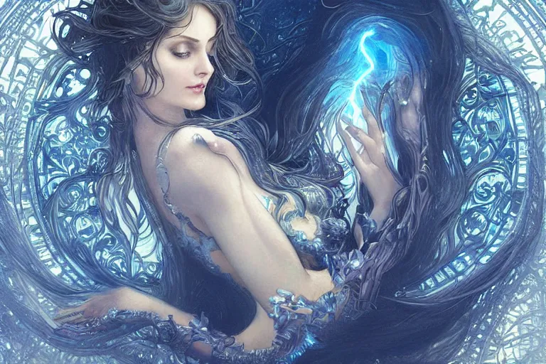 Image similar to a pretty woman with glowing blue eyes and hair made of liquid metal surrounded by an environment designed by Joe Fenton, fog, volumetric lighting, intricate, elegant, highly detailed, digital painting, artstation, concept art, smooth, sharp focus, art nouveau, art by artgerm and raymond swanland and alphonse mucha