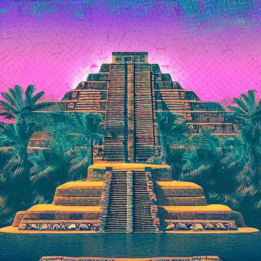 Image similar to Ancient mayan cityscape,digital art,retrowave art