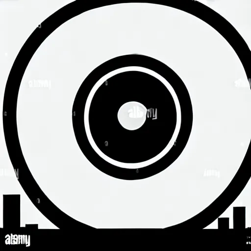 Image similar to a perfect circle, around the outer edge of the circle is the silhouette of a city skyline, inside the circle is empty, black and white, minimalist, in the style of a line drawing