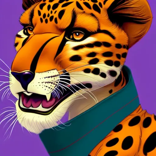 Image similar to don bluth, loish, artgerm, joshua middleton, anthropomorphic cartoon cheetah, wearing a track suit, smiling, symmetrical eyes, symmetrical face, colorful animation forest background