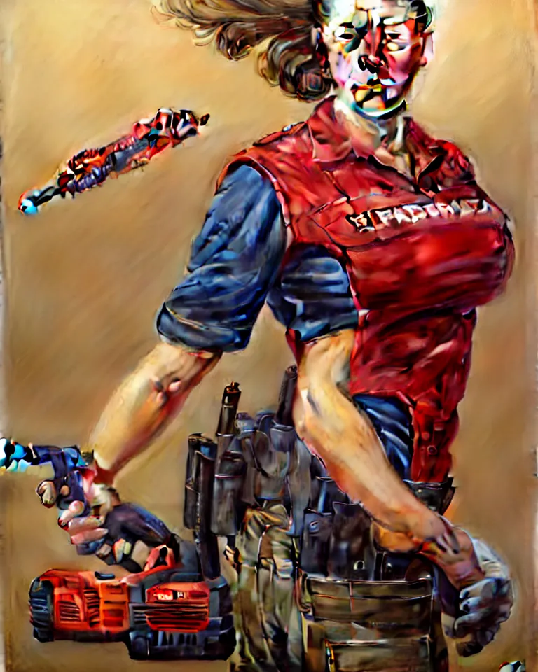 Image similar to epic portrait a slightly muscular woman wearing short sleeved uniform and carrying a red power tool drill, detailed, centered, digital painting, artstation, concept art, donato giancola, Joseph Christian Leyendecker, WLOP, Boris Vallejo, Breathtaking, 8k resolution, extremely detailed, beautiful, establishing shot, artistic, hyperrealistic, beautiful face, octane render