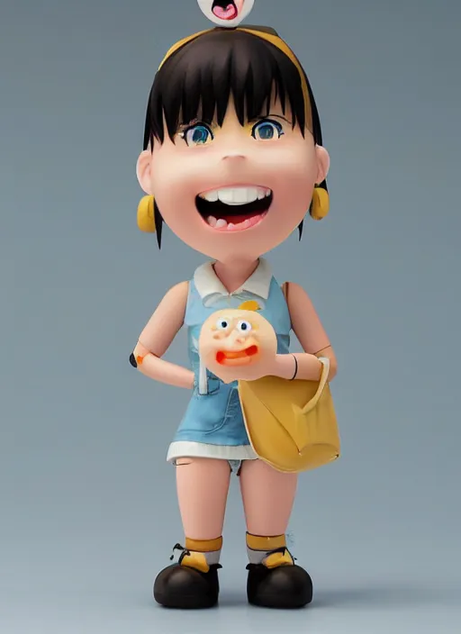 Prompt: a hyperrealistic oil panting of a looney kawaii vocaloid figurine caricature with a big dumb goofy grin, rosy cheeks with freckles, and pretty sparkling anime eyes featured on Wallace and Gromit by norman rockwell