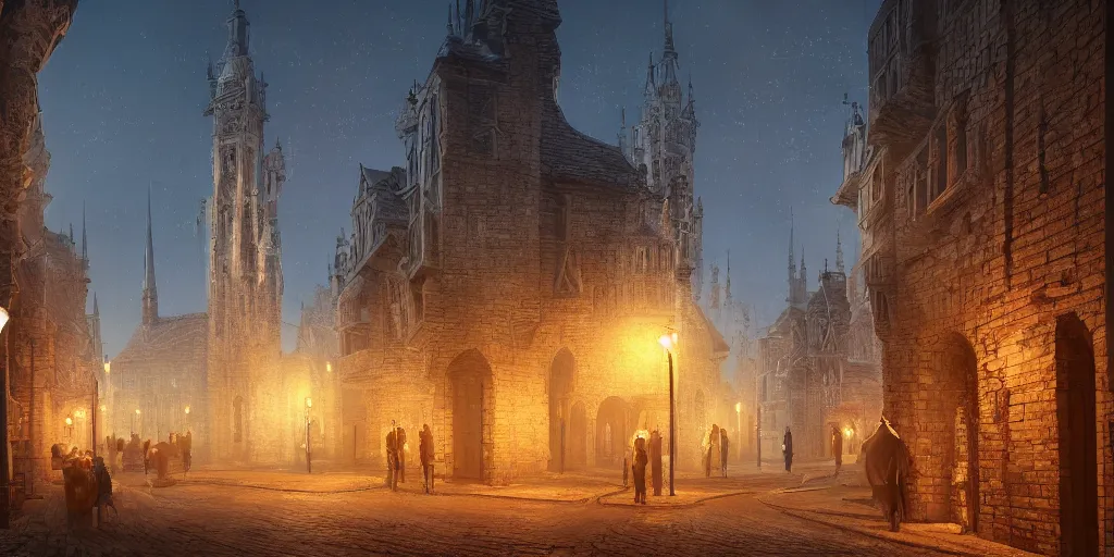 Prompt: A road made of brick lined with street lights lit by magic floating candles, skyscrapers made with highly ornate and detailed medieval architecture, Dungeons and Dragons, Wizards of the coast, long shot, volumetric lighting, trending on artstation, beautiful, narrow, realistic