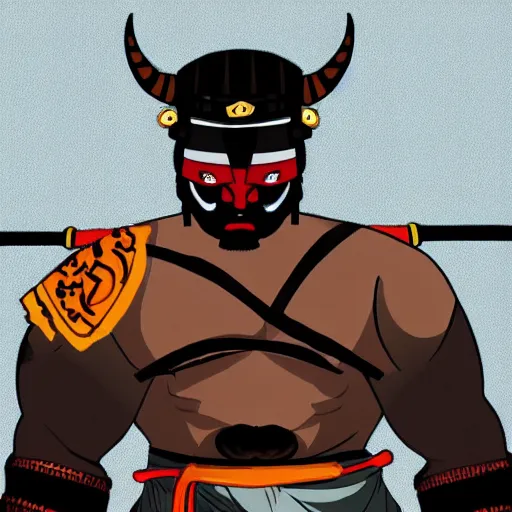 Image similar to big buff very strong very buff samurai wearing an oni mask, accurate detailed wellmade movie still