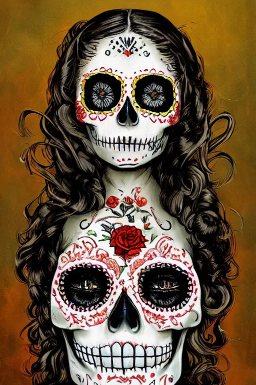 Prompt: Illustration of a sugar skull day of the dead girl, art by les edwards