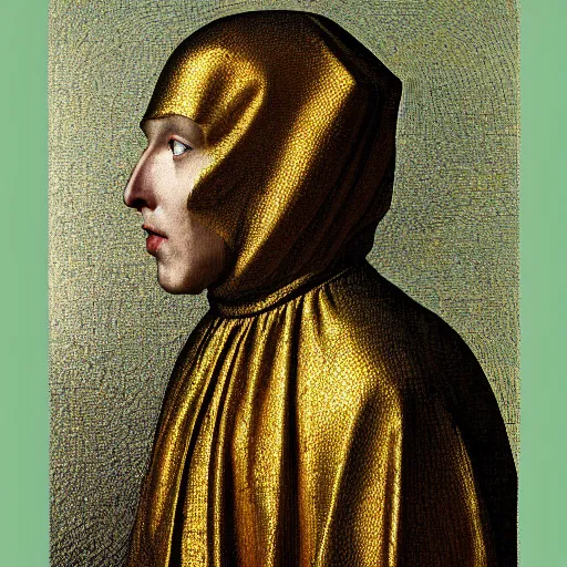 Image similar to a portrait of a shiny metallic renaissance robot, in the style of Jan van Eyck,