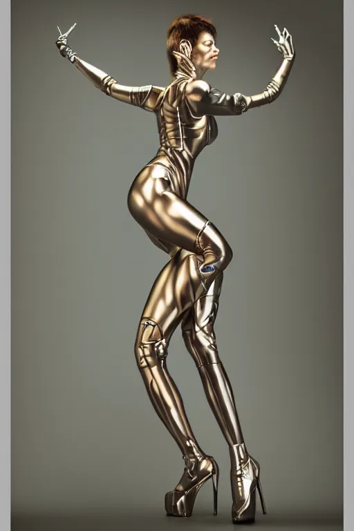 Image similar to realistic photo portrait of a metal woman in the style of hajime sorayama, studio lighting, 1 5 0 mm