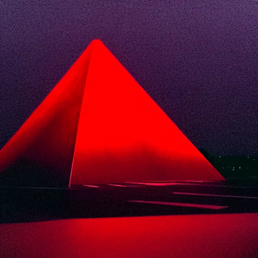 Prompt: wide angle photograph of a dark black pyramid with small red lights hovering over the pentagon at night