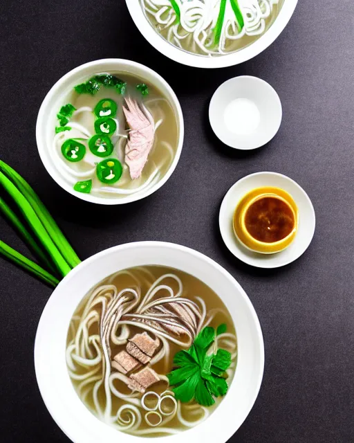 Image similar to realistic photo of delicious pho, bowl, white kitchen table, marble, highly detailed, by louise lister, sara ali, mary devinat, kailee mandel, masterpiece, award winning, food photography