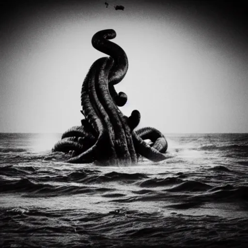 Image similar to black and white photo of an impossible eldritch horror emerging from the ocean.