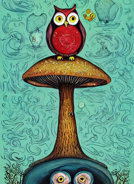 Image similar to a painting of an owl sitting on top of a mushroom, poster art by alexander jansson, behance contest winner, psychedelic art, behance hd, poster art, concert poster