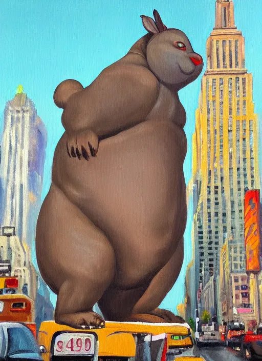 Image similar to an oil painting of big chungus in the middle of new york; an extraordinary masterpiece!!!