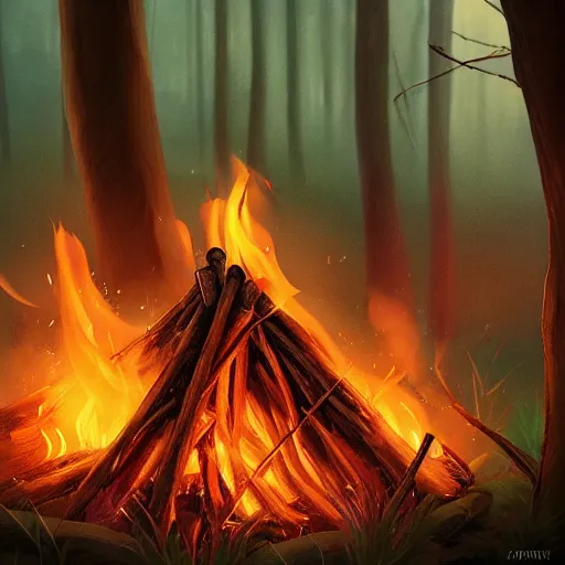 Image similar to close up campfire in the woods, stylized, artgerm, artstation, hd, cgsociety, cgi, realistic, dramatic, cinematic, artistic, trending, detailed