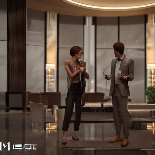 Image similar to intense quarrel between two lovers in the reception lobby space of a five star luxury hotel, movie still, cinematic, detailed, realistic, unreal engine, ray traced, artstation, v-ray 3d render, 4k HDR