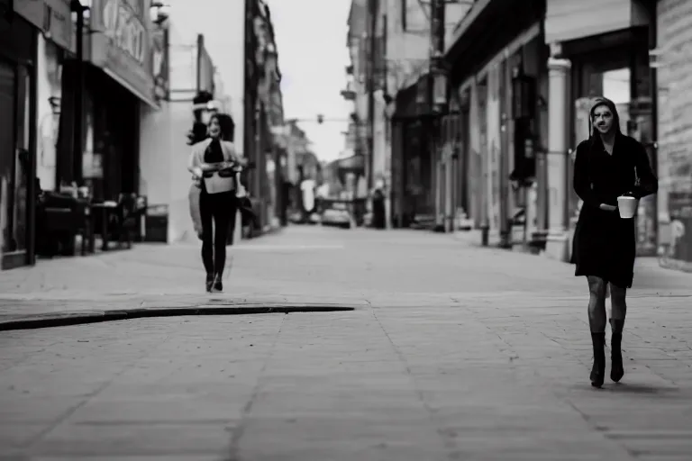 Image similar to Flim still of a woman drinking coffee, walking to work, long shot, wide shot, full shot