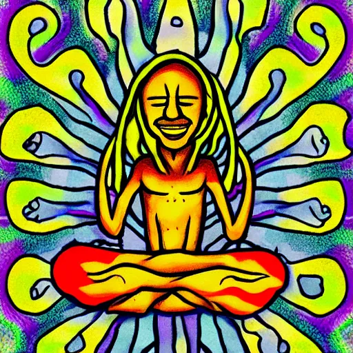 Image similar to a psychedelic hippy alien smiling and meditating, floating in space, in the style of ben ridgeway