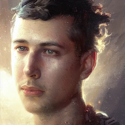 Prompt: handsome portrait of ezra klein posing, radiant light, caustics, war hero, apex legends, by gaston bussiere, bayard wu, greg rutkowski, giger, maxim verehin