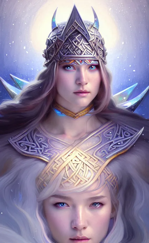 Prompt: iridescent opal viking warrior, winter, snow, morandi color scheme, hd, illustration, epic, d & d, fantasy, intricate, elegant, highly detailed, wide angle, digital painting, artstation, concept art, smooth, sharp focus, illustration, wallpaper, art by artgerm and greg rutkowski and alphonse mucha and jin xiaodi