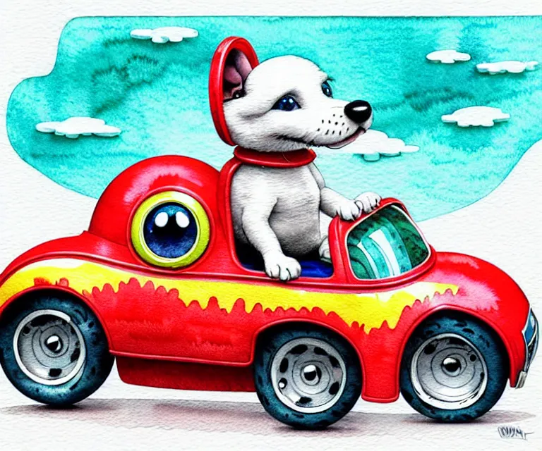 Image similar to cute and funny, puppy wearing a helmet riding in a tiny hot rod with an oversized engine, ratfink style by ed roth, centered award winning watercolor pen illustration, isometric illustration by chihiro iwasaki, edited by range murata, tiny details by artgerm and watercolor girl, symmetrically isometrically centered, sharply focused