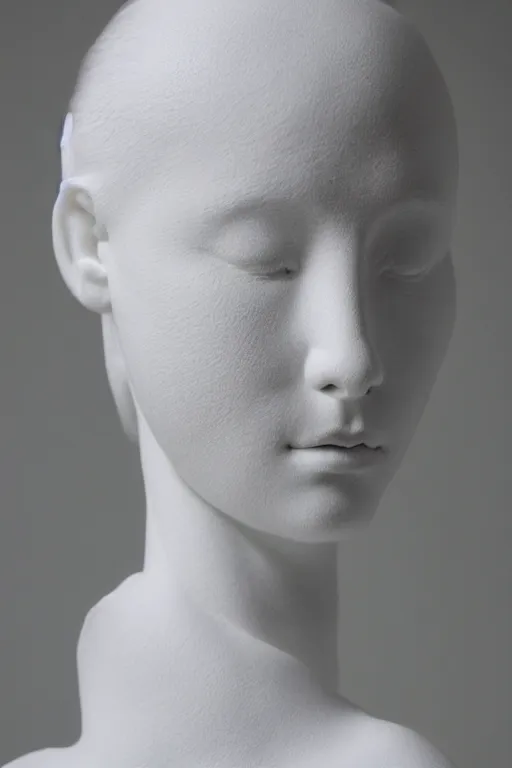 Image similar to full head and shoulders, beautiful female porcelain sculpture by daniel arsham and raoul marks, smooth, all white features on a white background, delicate facial features, white eyes, white lashes, the heads are twisted around geometrically