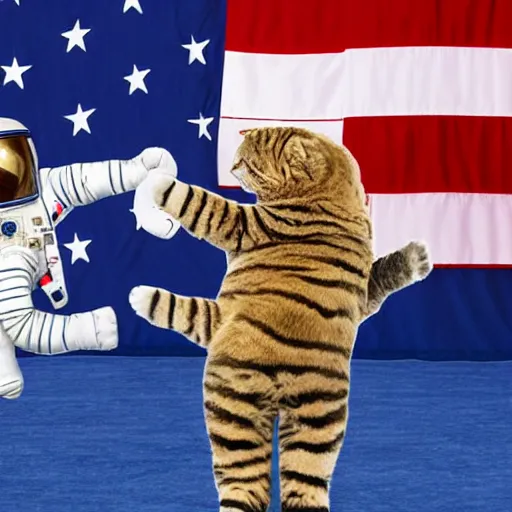 Image similar to astronaut cat shaking hands with donald trump