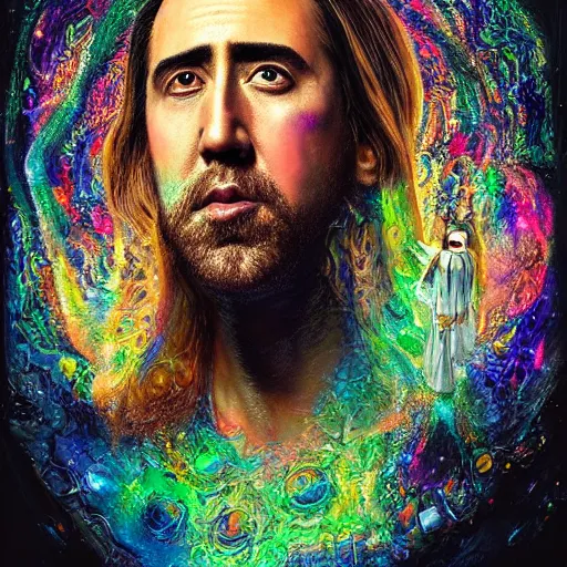 Prompt: a portrait of nicholas cage as jesus on an acid trip, upper half portrait, robotic background, psychedelic painting on face, intricate, elegant, highly detailed, digital painting, trending on artstation, concept art, smooth sharp focus, illustration, art by artgerm and greg rutkowski