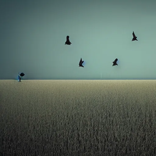 Image similar to an endless very tall wall, in a field, birds, dystopian, grim, dark, full frame camera, 1 9 9 0 s, award - winning photograph, octane render, 4 k