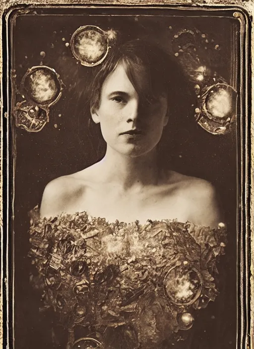 Image similar to old wetplate daguerreotype elegant pretty portrait with explosion of data fragments, fractal, intricate, elegant, highly detailed, parallax, leica, medium format, subsurface scattering, by jheronimus bosch and greg rutkowski and louis jacques mande daguerre