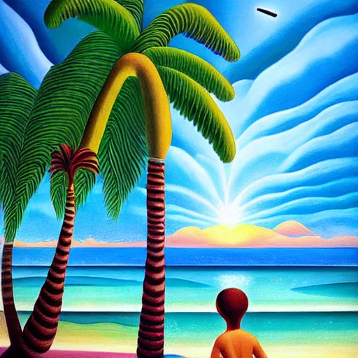 Image similar to a ultradetailed beautiful painting of amazonas beach by tarsila do amaral, major arcana mason sparkles sky, dougherty patrick, trending on artstation, mediterranean, palm trees, light sparkles, major arcana sky, sharp focus, soft light