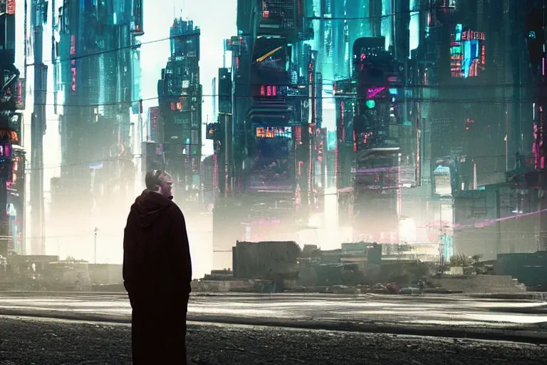 Prompt: VFX movie portrait of daily life in a futuristic itopian cyberpunk interstellar lush city of abundance Emmanuel Lubezki