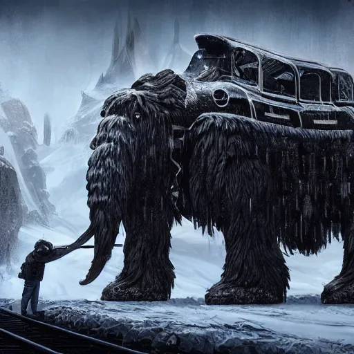 Prompt: an intricate futuristic black steam train and a giant mammoth, post - apocalyptic ice landscape with heavy snow, concept art, artstation, highly detailed, digital art